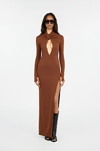 Brown Maxi Dress With Twisted Neckline