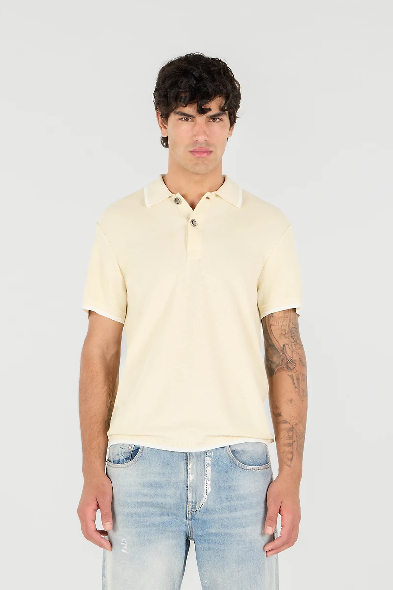 Cream Polo Sweater With Contrast Trim