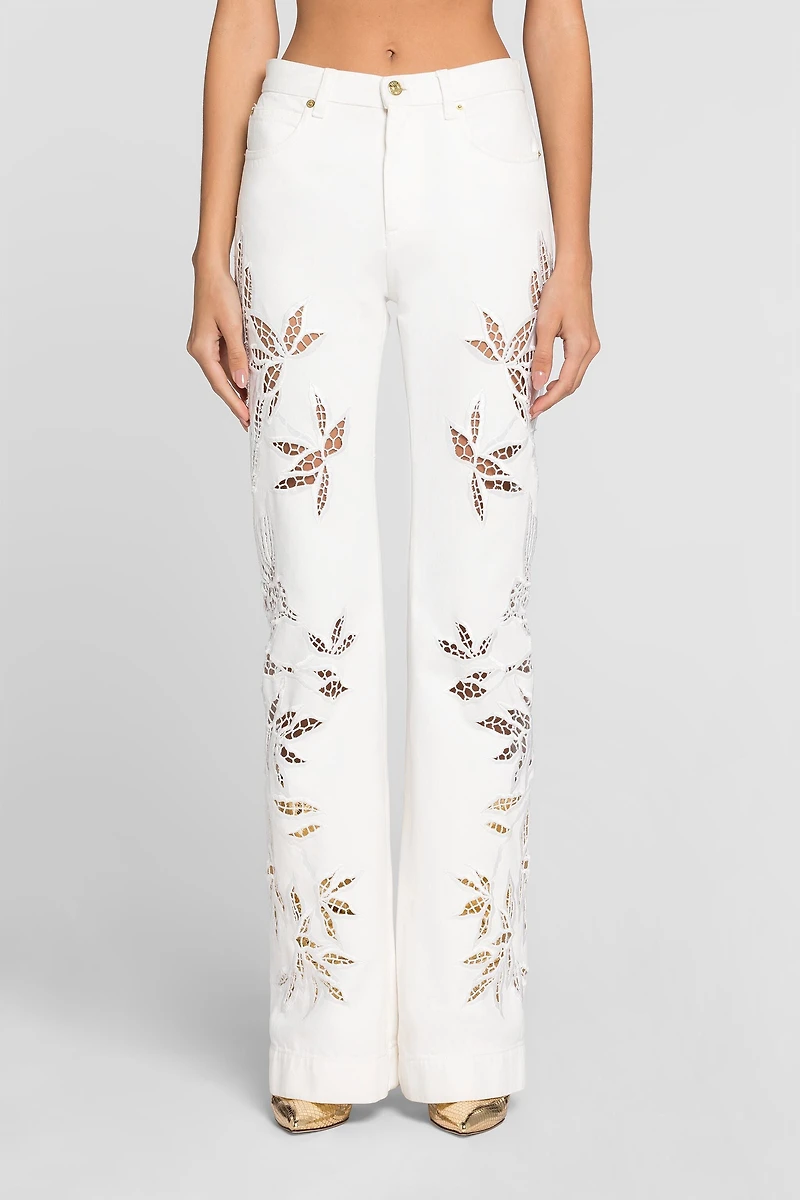 Floral Cut-Out Flared Jeans