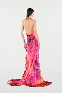 Dress With Rose Print And Flounces