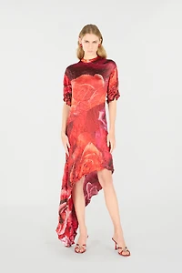 Crinkled Asymmetric Dress With Rose Print
