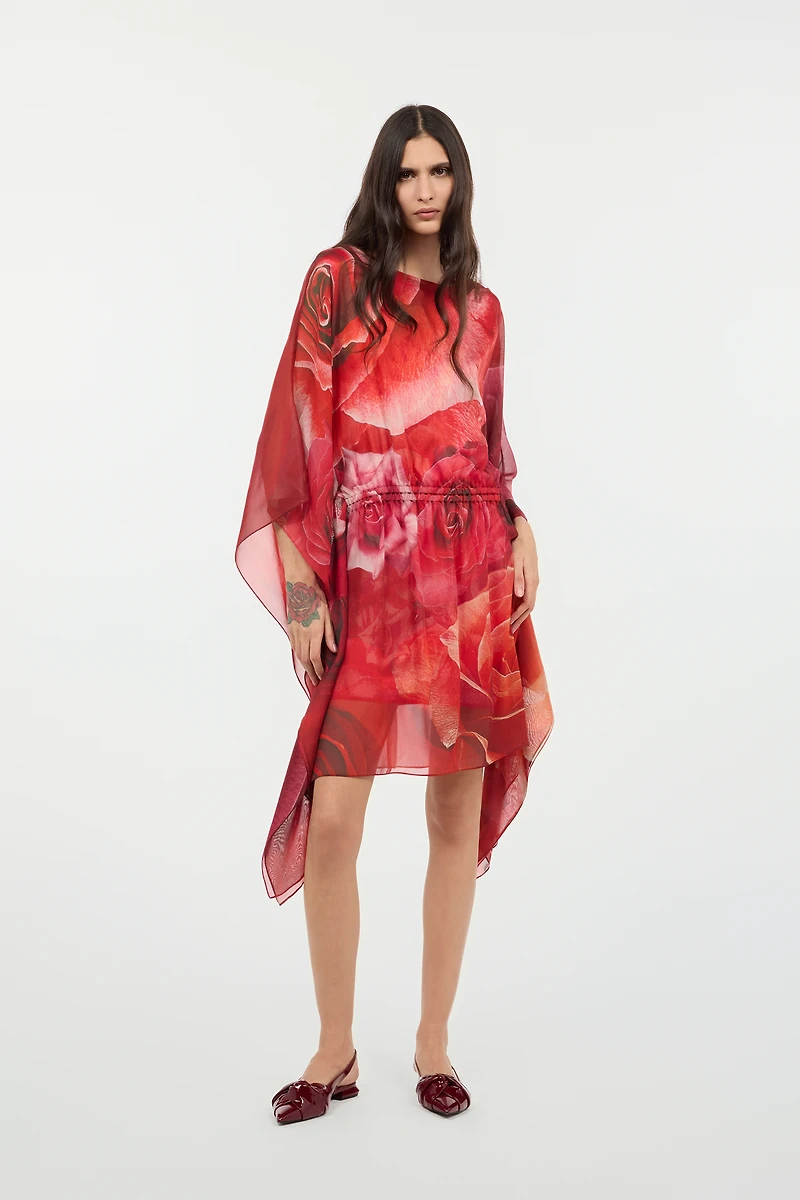 Silk Caftan With Garden Rose Print