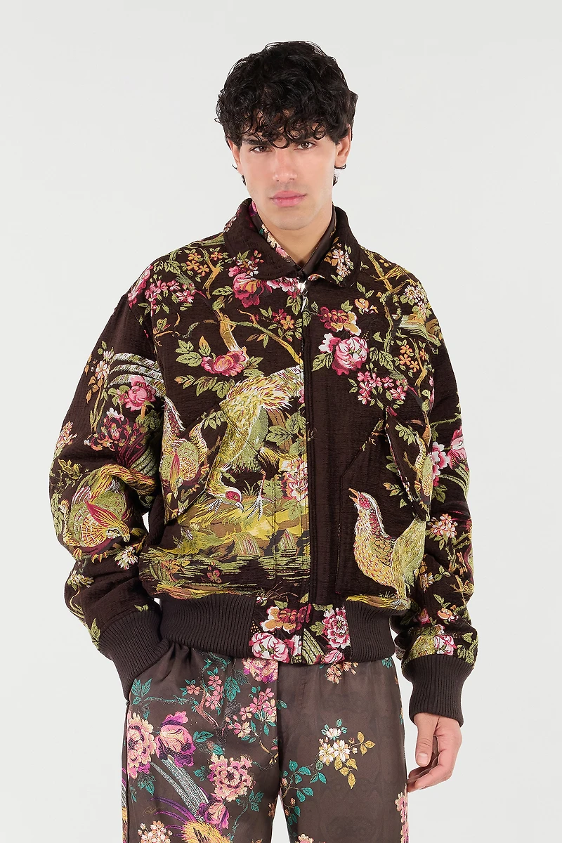 Bomber Jacket With Oriental Bird Print
