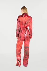 Rose-Print Shirt-Style Jumpsuit
