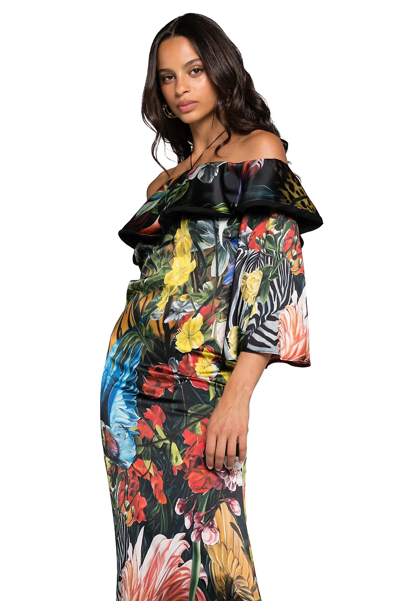 Tropical-Print Ruffled Maxi Dress
