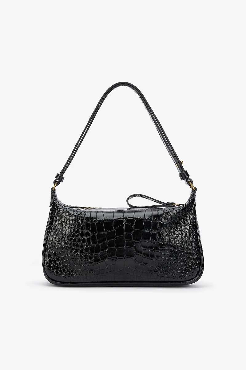 Black Croc-Effect Shoulder Bag With Mirror Snake Monogram