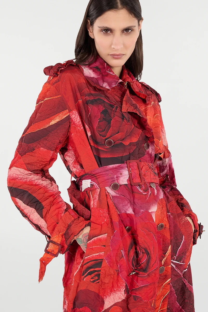 Long Crinkle-Effect Trench Coat With Rose Print