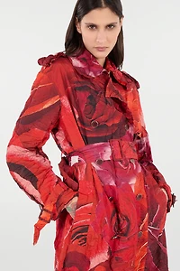 Long Crinkle-Effect Trench Coat With Rose Print