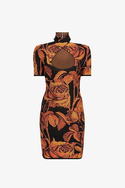 Rose-Jacquard Cut-Out Mini Dress