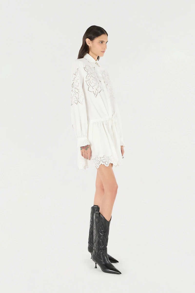 Mini Shirt Dress With Perforated Roses