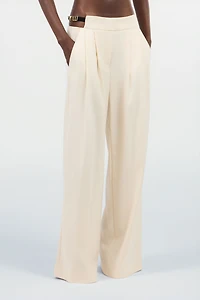 Cream Wide-Leg Trousers With Cut-Out
