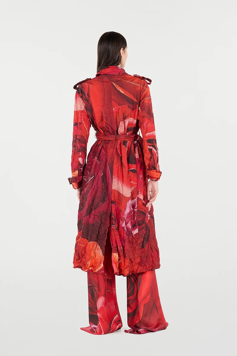 Long Crinkle-Effect Trench Coat With Rose Print