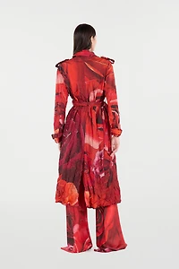 Long Crinkle-Effect Trench Coat With Rose Print