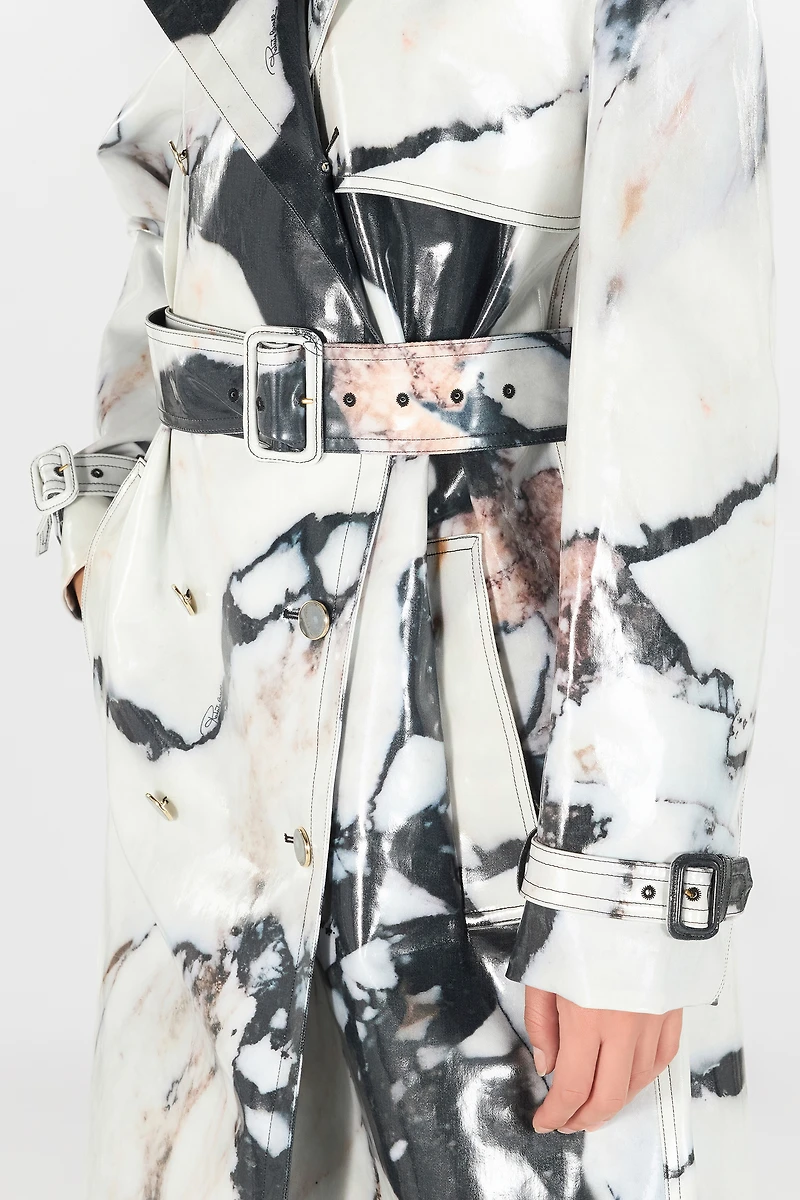 Double-breasted trench coat with Marble print