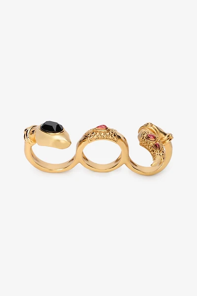 Three-Finger Golden Ring With Black Stones And Ruby