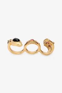 Three-Finger Golden Ring With Black Stones And Ruby