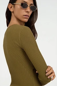 Olive Green Ribbed Cut-Out Sweater