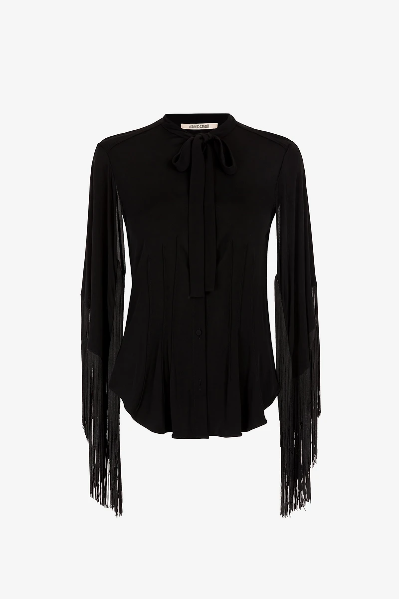 Fringe cuffs tie-collar shirt
