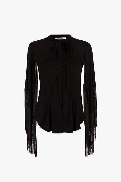 Fringe cuffs tie-collar shirt
