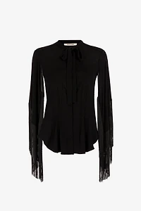 Fringe cuffs tie-collar shirt