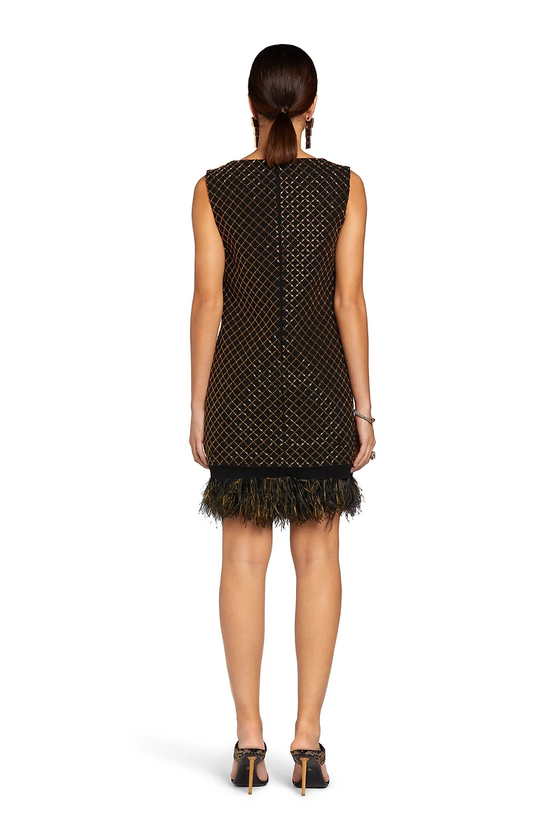 Geometric grid-embroidered minidress