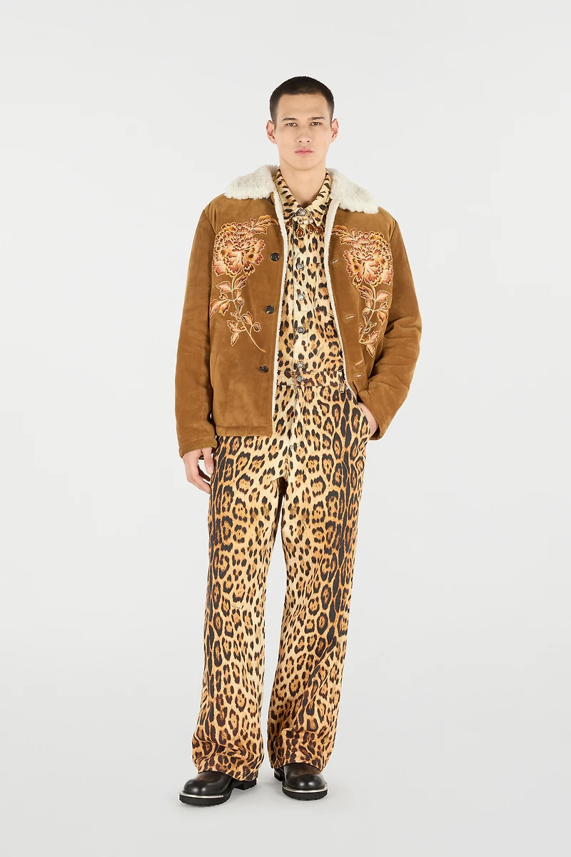 Suede Leather Jacket With Flowers And Tigers
