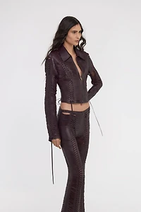 Dark Brown Woven Leather Bomber Jacket