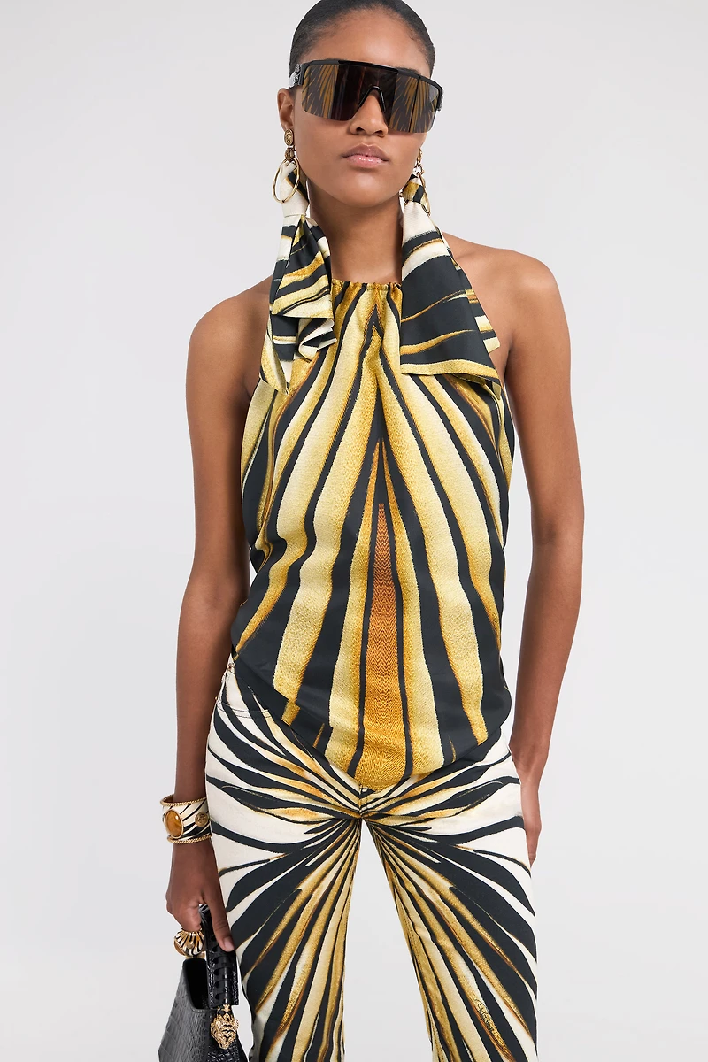 Ray Of Gold Print Silk Halter Top