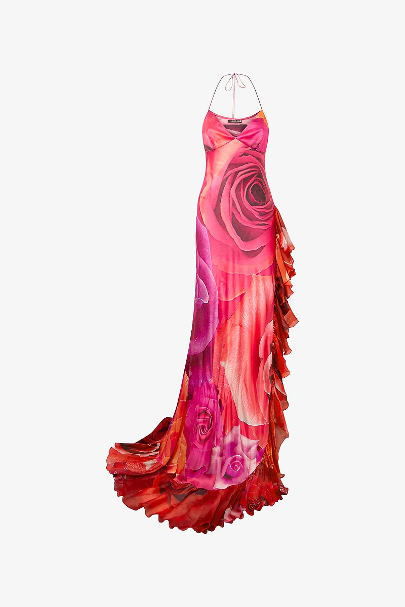 Dress With Rose Print And Flounces