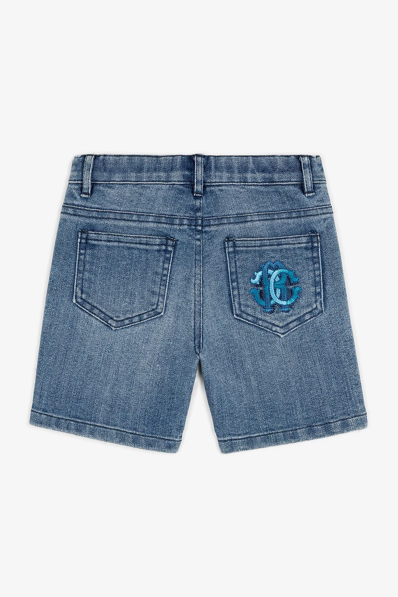 RC Monogram-Embroidered Denim Shorts
