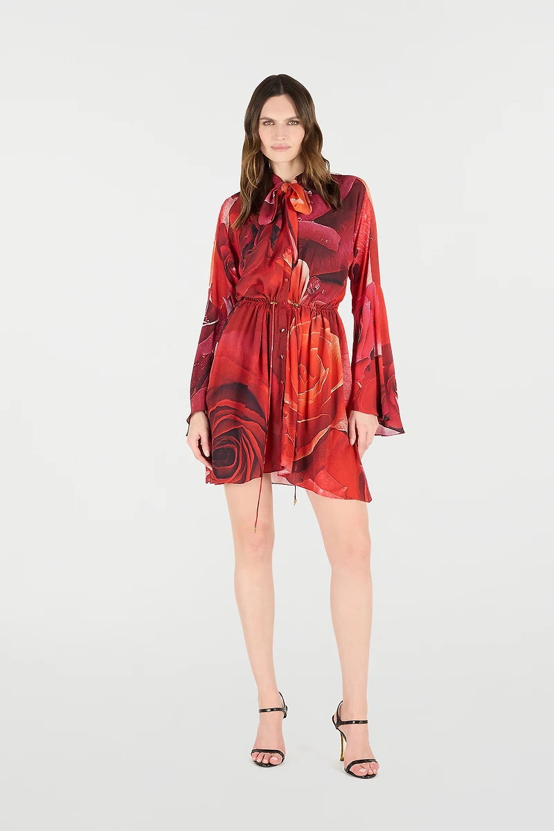 Rose-Print Mini Dress With Pussy-Bow
