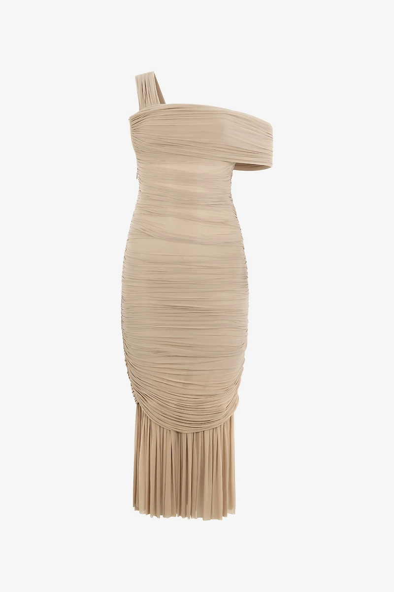 Nude Midi Dress With Ruffles