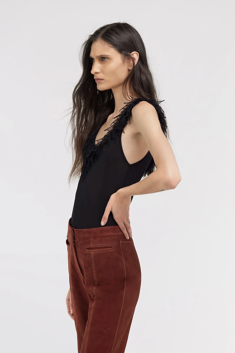 Black Ribbed Knit Top With Frayed Trim
