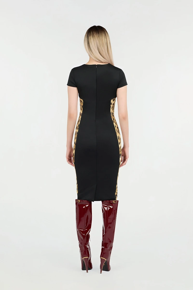 Black Midi Dress With Leopard Print Panels