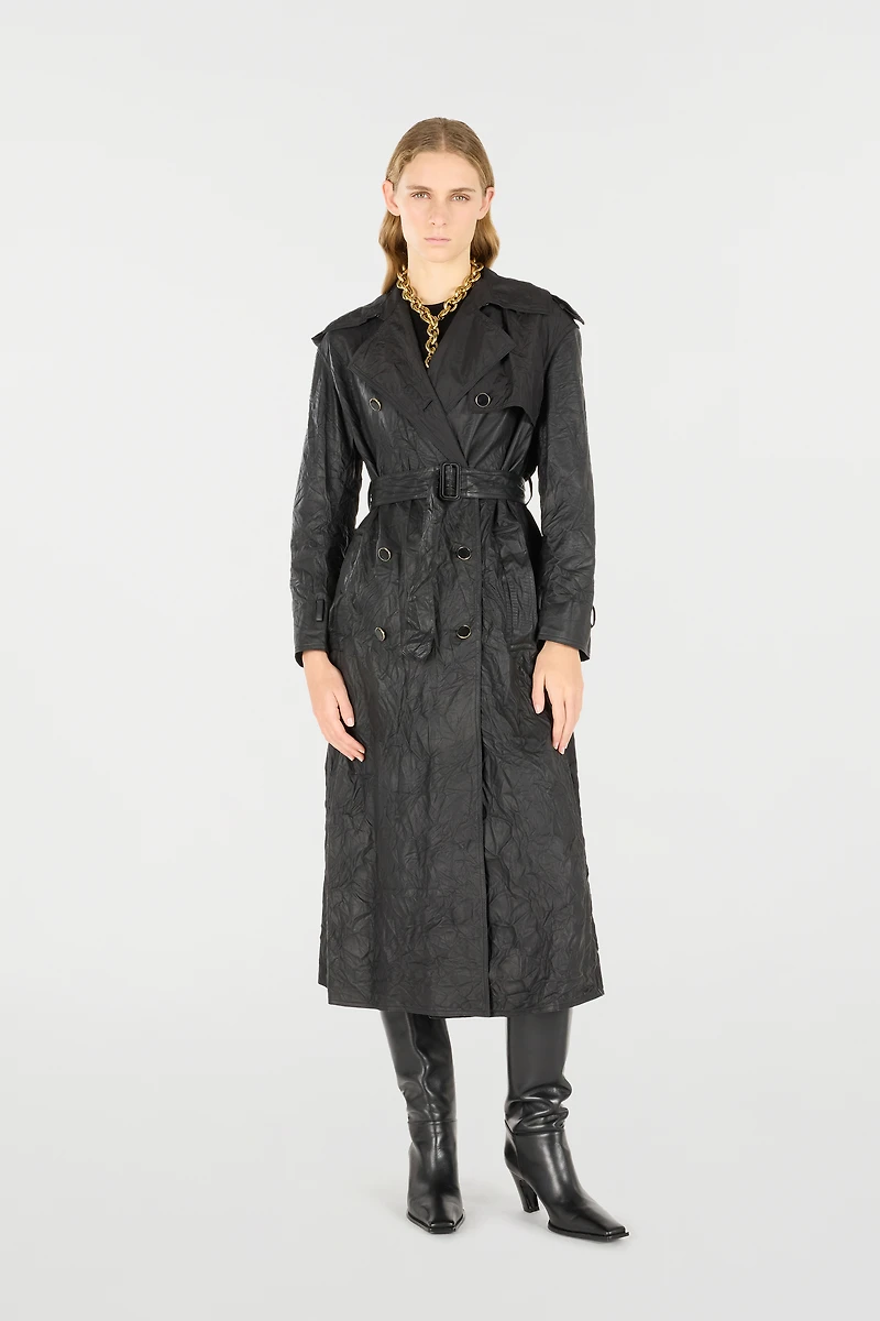 Long Crinkle-Effect Trench Coat