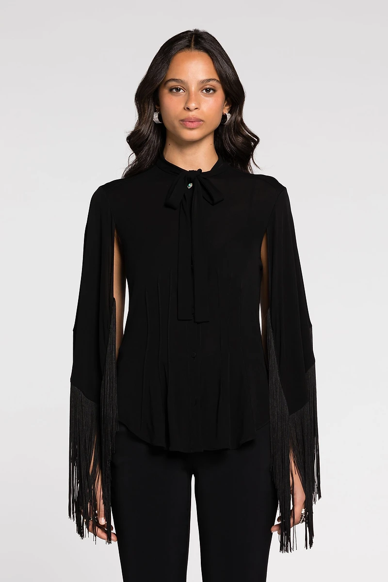 Fringe cuffs tie-collar shirt
