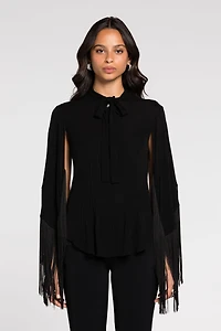 Fringe cuffs tie-collar shirt
