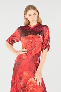 Crinkled Asymmetric Dress With Rose Print