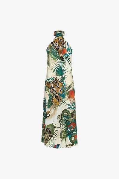 Jungle Print Silk Midi Dress Halter Neck