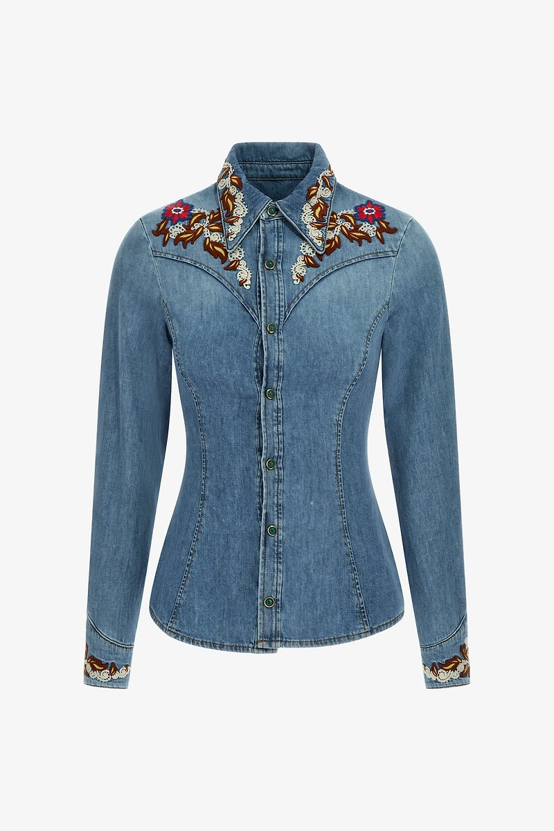 Blue Denim Shirt With Floral Embroidery