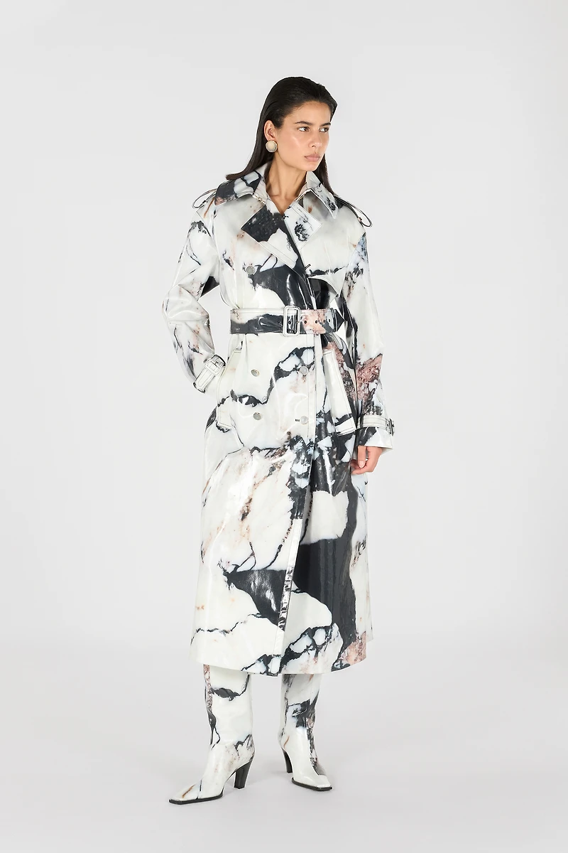 Double-breasted trench coat with Marble print