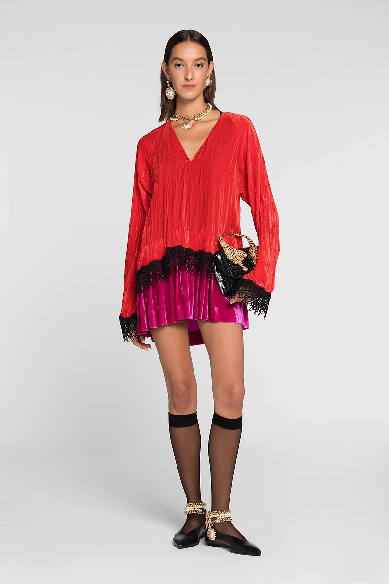 Lace-detailed velvet dress