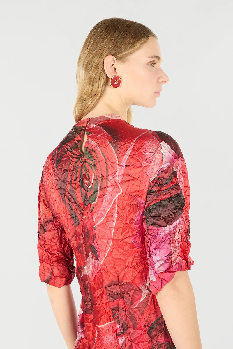 Crinkled Asymmetric Dress With Rose Print