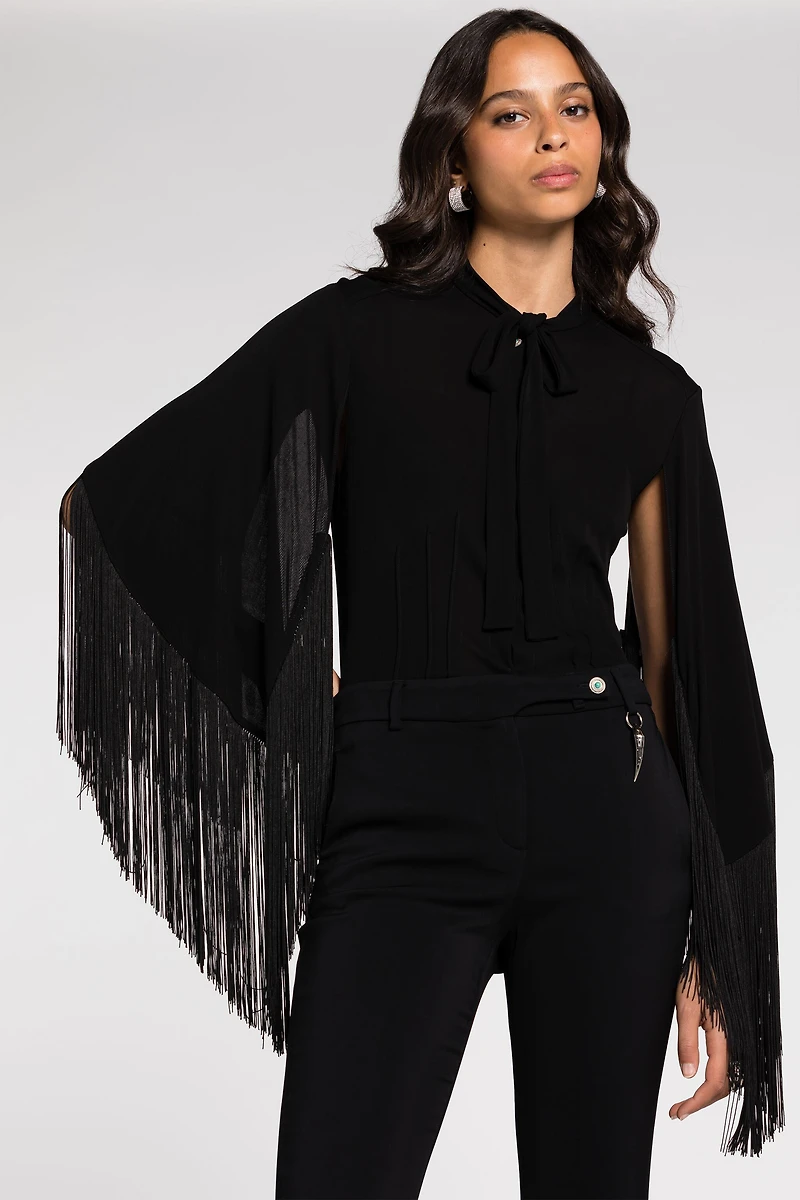 Fringe cuffs tie-collar shirt