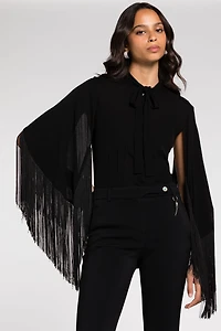 Fringe cuffs tie-collar shirt