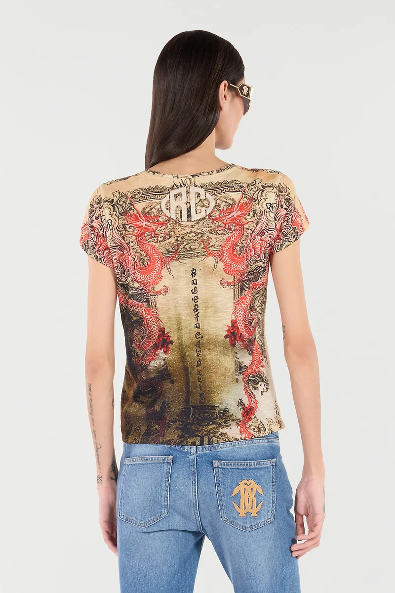 Cotton T-Shirt With Oriental Print