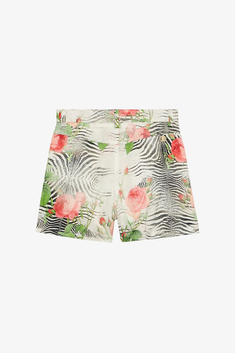 Shorts With White Tigress And Rose Print
