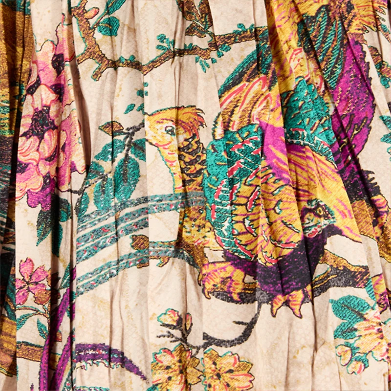 Midi Skirt With Oriental Bird Print