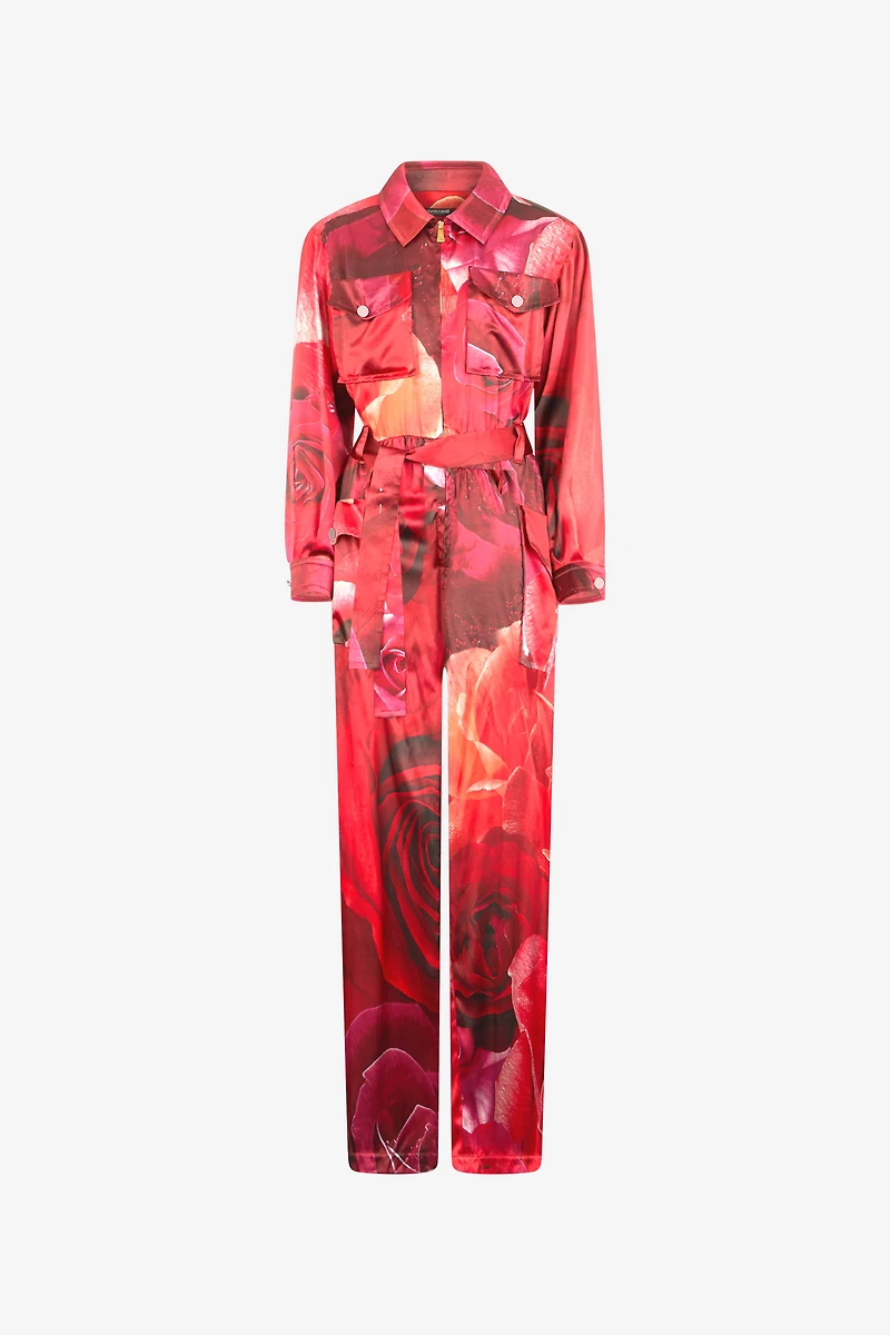Rose-Print Shirt-Style Jumpsuit