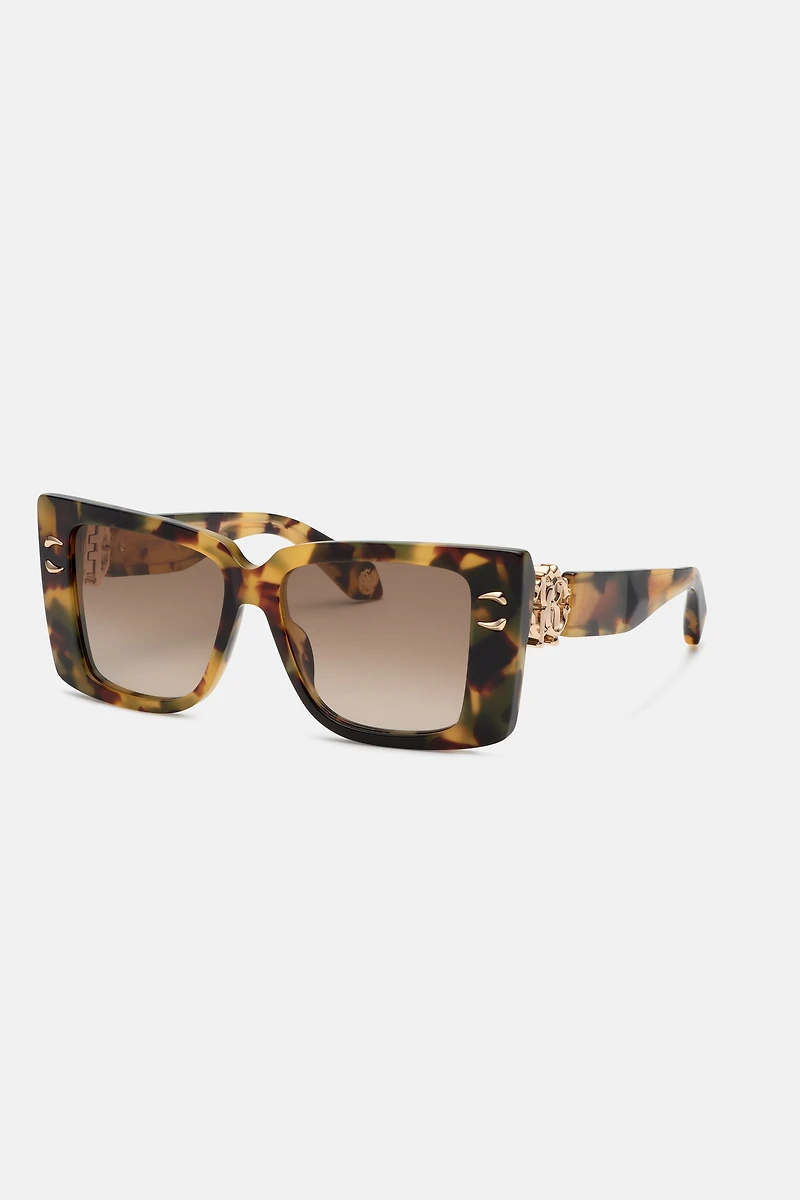 Sunglasses with wide rectangular front and fangs